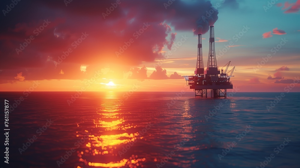 Sunset Over Offshore Oil Drilling Rig. Silhouette of an offshore oil drilling rig against a vibrant sunset sky over the ocean.