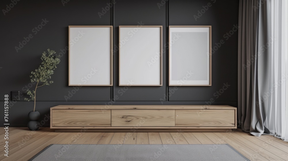 Mockup of wooden frames and low cabinets in modern living room interior design, 3D rendering, 3D illustration Mockup of wooden frames and low cabinets in modern living room interior design, 3D rendering, 3D illustration