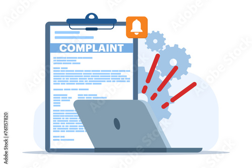 concept of online complaint, Claim petition, Dislike, Bad user experience, Bad review, Negative feedback, Action to resolve the problem. Flat illustration vector template.