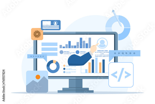 Concept of interface elements and browser window on laptop screen, web design, UI UX, software development, web design, app design, coding, web development, flat illustration on white background.