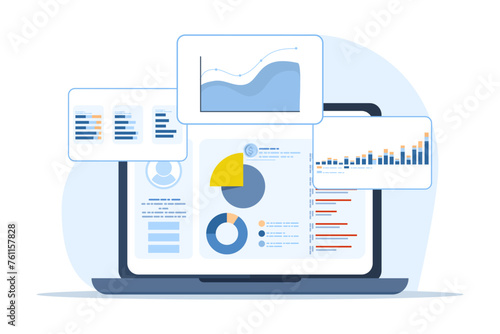 Concept of marketing analysis, market research, data charts, graphs and dashboards on laptop screen, SEO marketing advertising analysis, business analysis, financial reports and research.