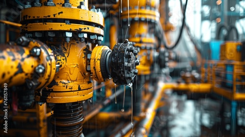 Close-up of Yellow Oil Machinery at Sea. Detailed view of a yellow and black oil pump system on an offshore platform with rain. photo