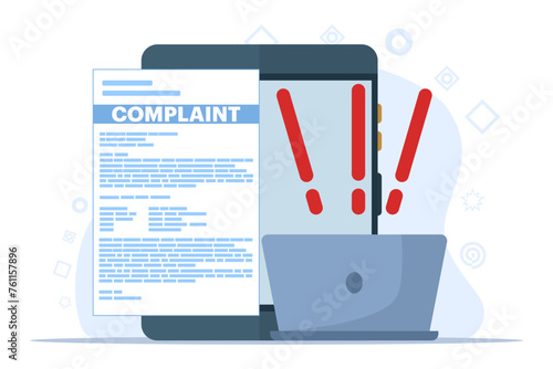 concept of online complaint, Claim petition, Dislike, Bad user experience, Bad review, Negative feedback, Action to resolve the problem. Flat illustration vector template.
