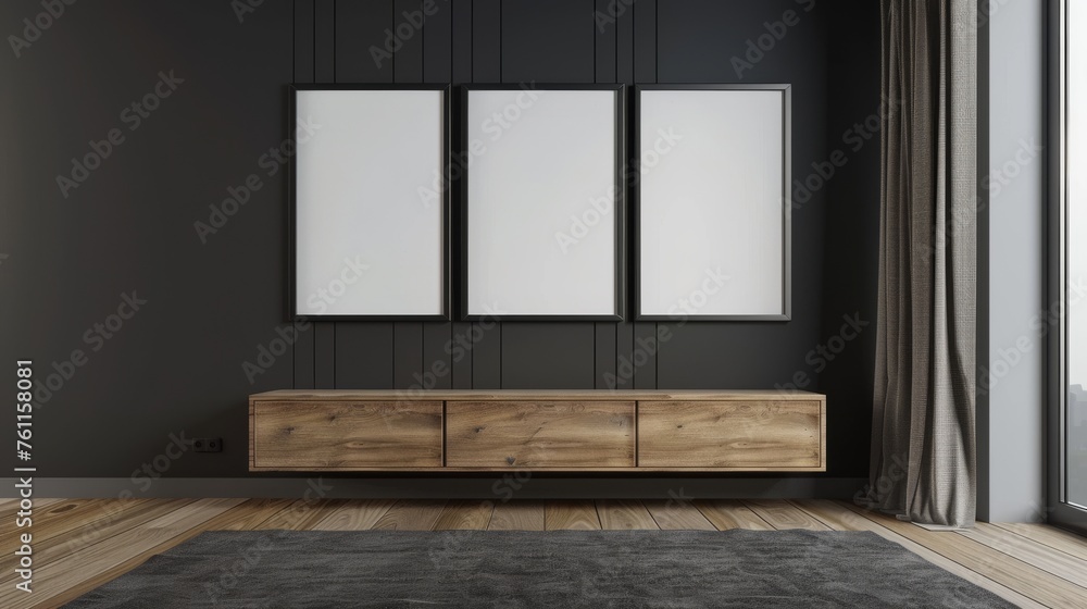 Fototapeta premium mockup of 3 frames and low cabinet with dark wall background, modern home interior design, 3d render, 3d illustration
