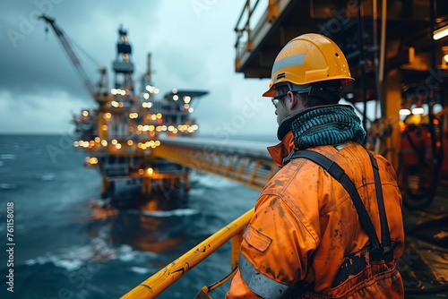Offshore Oil Rig Worker Looking at the Sea. Offshore oil rig worker in a safety harness overlooks the ocean, reflective during operations.