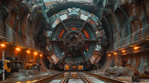 Giant Tunnel Boring Machine in Underground Construction. An enormous tunnel boring machine with detailed components sits idle in an underground construction site  surrounded by excavation equipment.