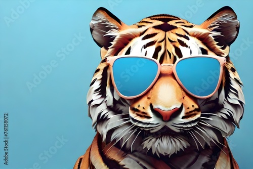 cool tiger face with sunglasses, empty copy space for text, pastel blue studio background. Generative AI