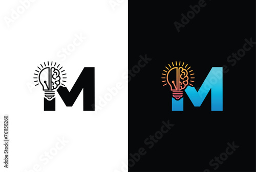 Initial letter M half of light bulb and brain isolated on white background. Letter M brain bulb logo vector design template.