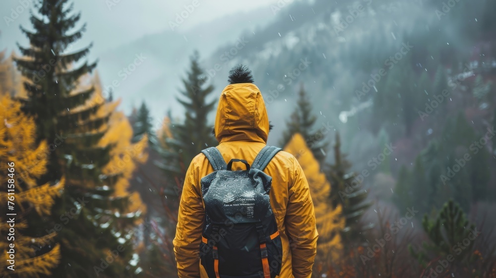 Rear view of a tourist in yellow hooded jacket standing on a mountain peak. Hiker with backpack watching scenic autumn mountains landscape. Adventure, travel, tourism and vacation concept. Rear view of a tourist in yellow hooded jacket standing on a mountain peak. Hiker with backpack watching scenic autumn mountains landscape. Adventure, travel, tourism and vacation concept.