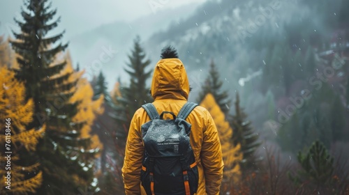 Rear view of a tourist in yellow hooded jacket standing on a mountain peak. Hiker with backpack watching scenic autumn mountains landscape. Adventure, travel, tourism and vacation concept.