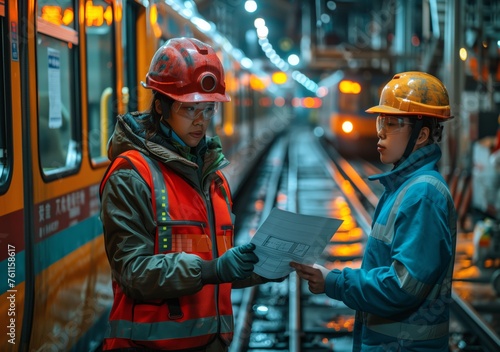 Engineers Discussing Over Train Maintenance Plan. Two focused engineers in reflective safety wear discuss maintenance plans against the backdrop of a metro train.