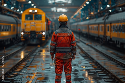 Railway Worker Observing Approaching Train. Railway worker in reflective clothing stands on the tracks, observing an approaching yellow train in a maintenance depot. © Old Man Stocker