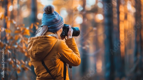 Rear view of female tourist in yellow jacket with DSLR camera standing in autumn forest. Girl photographs a picturesque landscape. Adventure, travel and vacation concept.