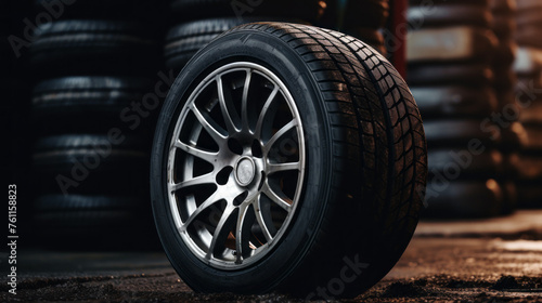 Close-up of a black tire with a car disc in an auto repair shop, garage. Replacement of summer and winter tires, Business, Car service workshop, preventive maintenance of the concept. © liliyabatyrova