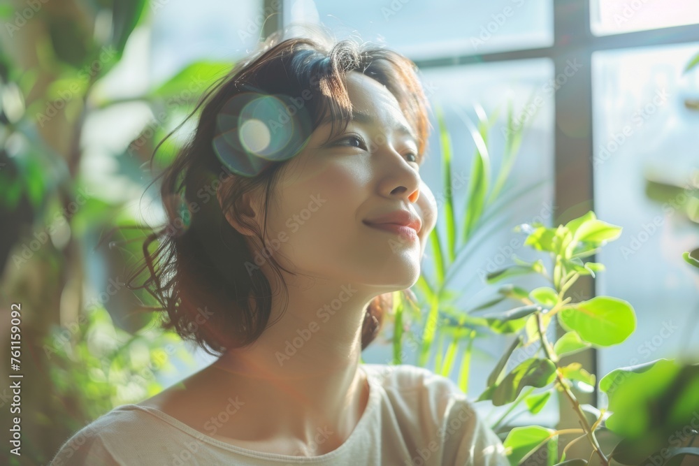 Close-up portrait of young Asian woman relaxing on cozy balcony among various indoor plants. Beautiful cheerful girl inhaling spring morning aroma. Close-up portrait of young Asian woman relaxing on cozy balcony among various indoor plants. Beautiful cheerful girl inhaling spring morning aroma.