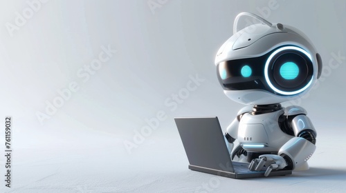 Cute friendly artificial intelligence robot using laptop computer with white neon glow light, light grey background, chatbot and AI assistant concept futuristic technology 3d illustration, banner photo