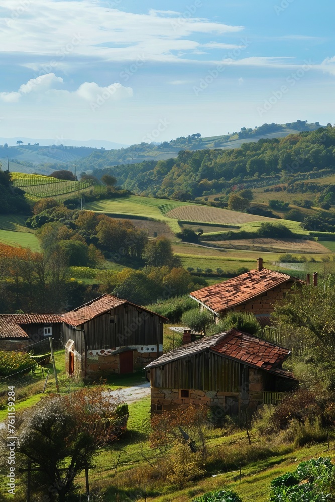 Obraz premium Embark on a journey through a picturesque countryside dotted with rolling hills and quaint farmhouses with a nature background, capturing the essence of rural charm, Generative AI