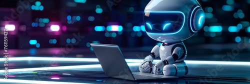 Cute friendly artificial intelligence robot using laptop computer with purple neon glow light, chatbot and AI assistant concept futuristic technology 3d illustration, banner photo