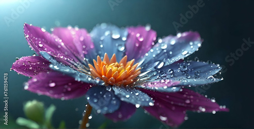 Beautiful drops of water morning dew on petal of blue chrysanthemum flower with summer spring reflection close-up macro in nature, rays of sunlight against ai generative