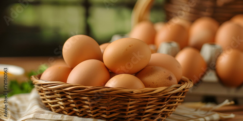 A rustic composition of wicker basket filled with a variety of fresh farm eggs on a wooden table. Organic Chicken eggs in the basket at the farm 
  photo