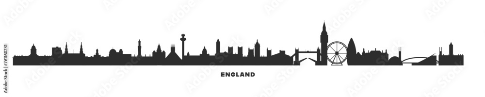 UK England country skyline with cities panorama. Vector flat banner, logo.  London, Manchester, Bradford, Bristol, Sheffield silhouettes for footer, steamer, header. Isolated graphic