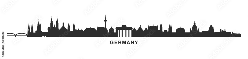 Germany country skyline with cities panorama. Vector flat banner, logo. Berlin, Frankfurt, Cologne, Hamburg, Dusseldorf silhouette for footer, steamer, header. Isolated graphic
