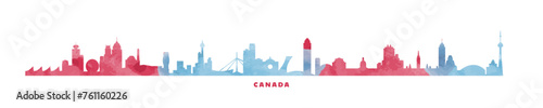 Canada country skyline with cities panorama. Vector flat banner, logo. Quebec, Ontario, Manitoba, Nova Scotia province megapolis silhouette for footer, steamer, header. Isolated watercolor graphic