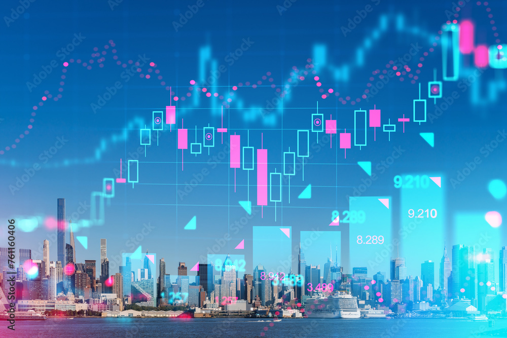 Manhattan skyline with holographic stock market graphs overlay. Digital graphic, cityscape background. Finance and trading concept. Double exposure