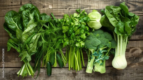 Assortment of fresh green vegetables on a wooden background. Eco-friendly healthy food. Nourishing and environmentally conscious fare for a healthy lifestyle.