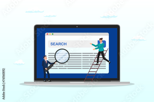 Businessman marketing team move website ranking on search result page, SEO ranking, search engine optimisation to improve search result position to be on top and make more traffic to websites (Vector)