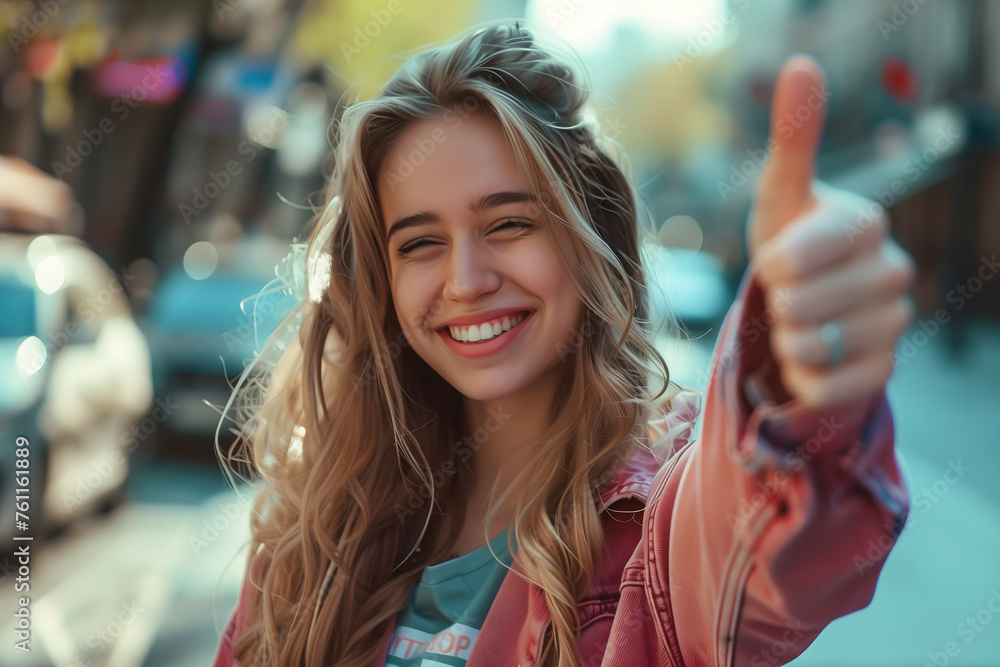 Caucasian girl smiling and showing thumb up.
