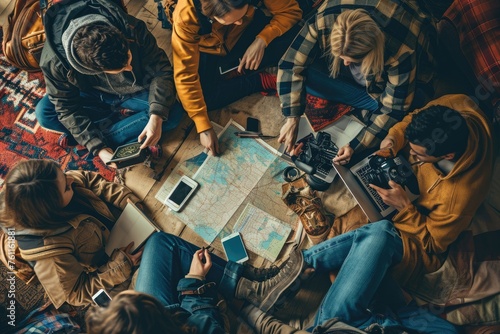 The picture of the group of the young or adult caucasian human focus and looking at a map of the world in a small room that has been filled with various object under bright sun in the daytime. AIGX03.