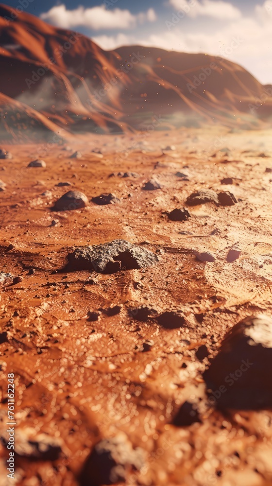 Obraz premium View of the planet Mars, red planet, landscape, surface of mars, rocks and mountains, exploration of mars, colonization of mars, flight to mars