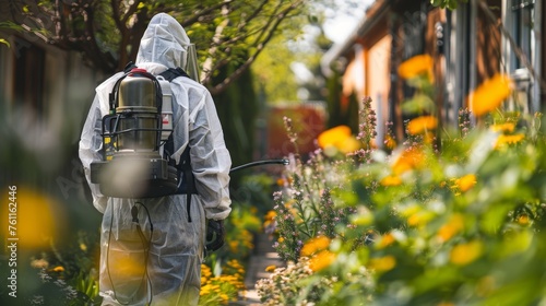 Gardener in a protective gear treats plants and flowers with pesticides against diseases and pests. Pest control spraying to obtain a large harvest. photo