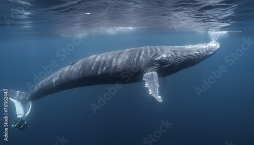 A Blue Whale With A Diver Swimming Alongside It S