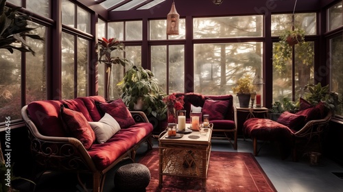 Sunroom in moody shades of burgundy red  navy and smoky amethyst accents.