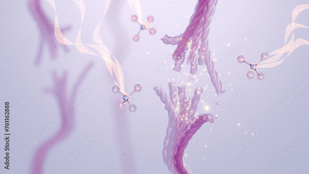 Molecule of collagen or skin serum heals and restores the collagen and elastin of skin against soft purple background. 3D rendering - obrazy, fototapety, plakaty 