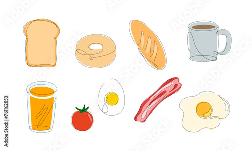 Set of one line drawings with color. Breakfast food, bread, toast, egg, fried egg, bagel, mug, cup. Minimal illustration vector.