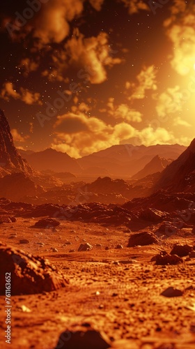 View of the planet Mars, red planet, landscape, surface of mars, rocks and mountains, exploration of mars, colonization of mars, flight to mars