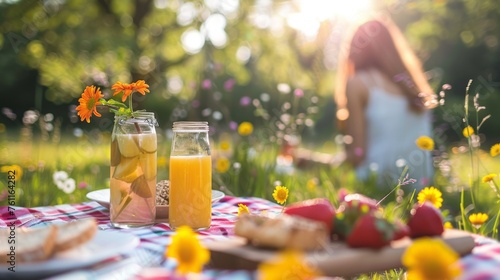 Rear view portrait of a young woman in sundress relaxing on a beautiful flowering meadow. Girl sits on a picnic blanket with food, fruits and drinks. Romantic summer holiday.