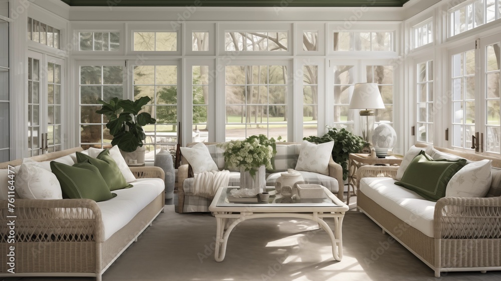 Sunroom in pale grays and whites with hunter green upholstered pieces.