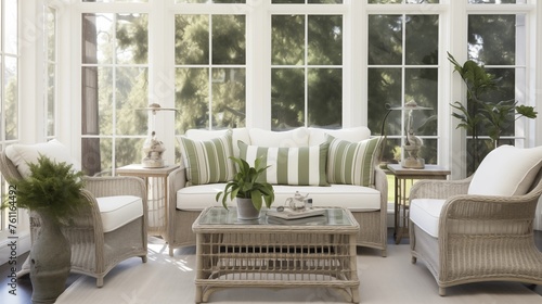 Sunroom in pale grays and whites with hunter green upholstered pieces. photo