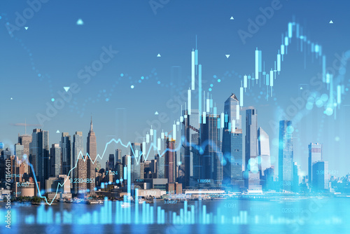 Double exposure of New York City skyline with financial charts, illustrating a business concept with urban background. Double exposure