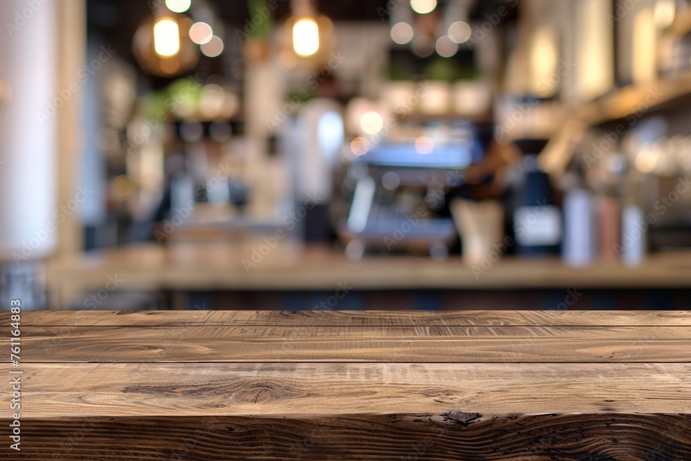a rustic wooden board serving as an empty table, positioned in front of a blurred background reminiscent of a bustling coffee shop