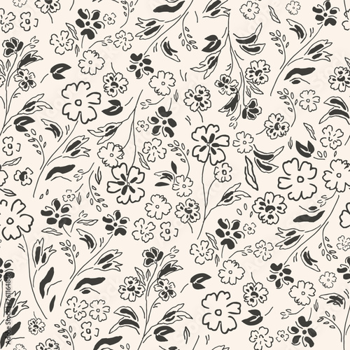 Seamless vector texture. An elegant template for fashionable prints. Print with silhouettes of black spring flowers on a light beige background.