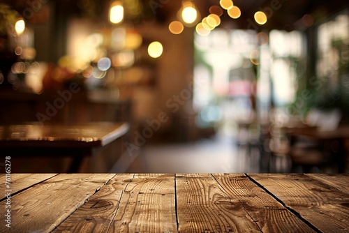 a rustic wooden board serving as an empty table  positioned in front of a blurred background reminiscent of a bustling coffee shop