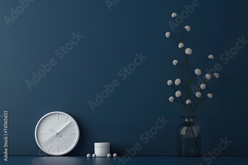 modern health care concept with blue clock design on white background, symbolizing reminder, medicine schedule, and treatment in office interior space, generative ai