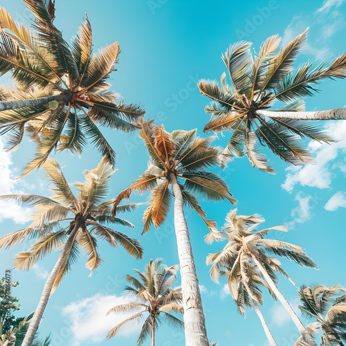 "Tropical Tranquility: Coconut Trees Under Clear Blue Sky"