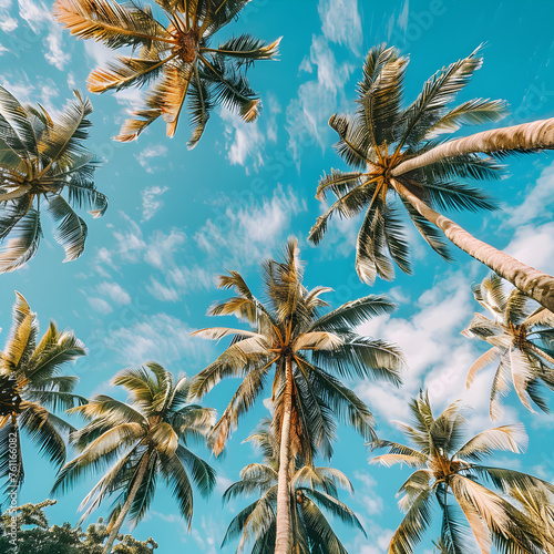 "Serenade of the Palms: Coconut Trees Dancing Under Blue Sky"
