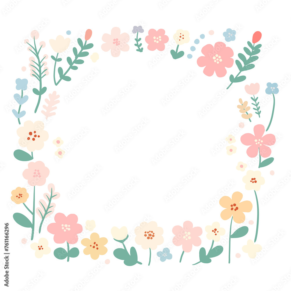 frame with flowers square hand drawn isolate on white background